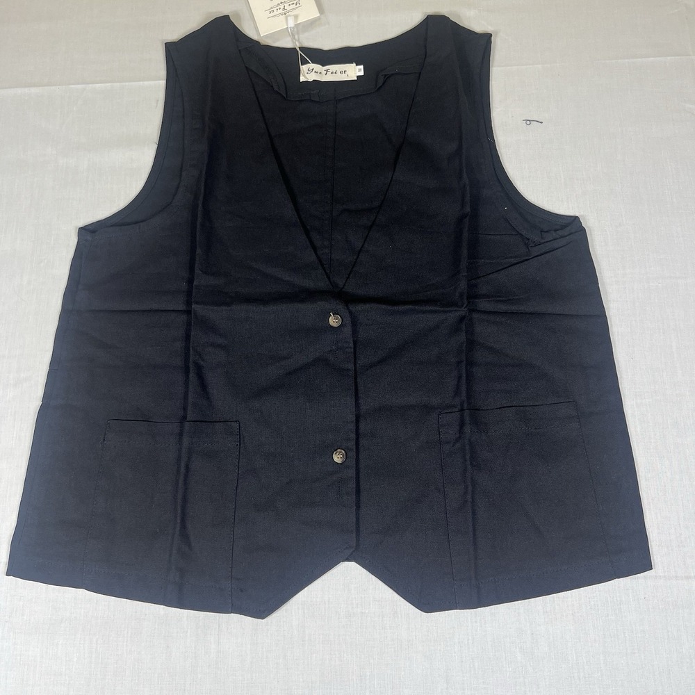 Women's Black Sleeveless Utility Vest Size M Button Front Workwear Style